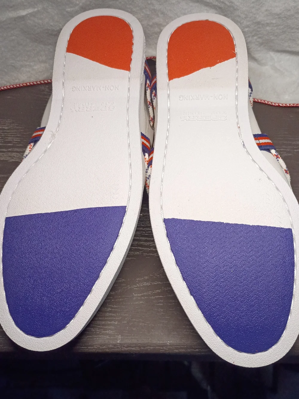 Sperry White Leather Boat Shoes with Red & Blue Braided Laces And Details. NEW